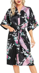 Lovasy Kimono Dressing Gowns Satin Kimono Robe Peacock And Blossoms Silk Dressing Gown for Women UK Long Silk Bride and Bridesmaid Robes - British D'sire