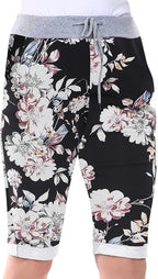 Love My Fashions® Women's Italian Shorts Ladies Summer Cotton Turn-Up 3/4 Cropped Printed Trousers Elasticated Drawstring Knee-Length Denim Magic Shorts - British D'sire