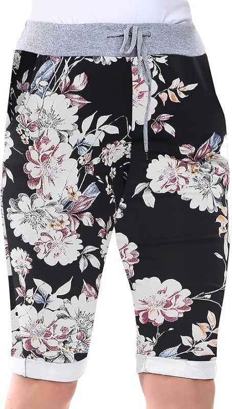 Love My Fashions® Women's Italian Shorts Ladies Summer Cotton Turn-Up 3/4 Cropped Printed Trousers Elasticated Drawstring Knee-Length Denim Magic Shorts - British D'sire