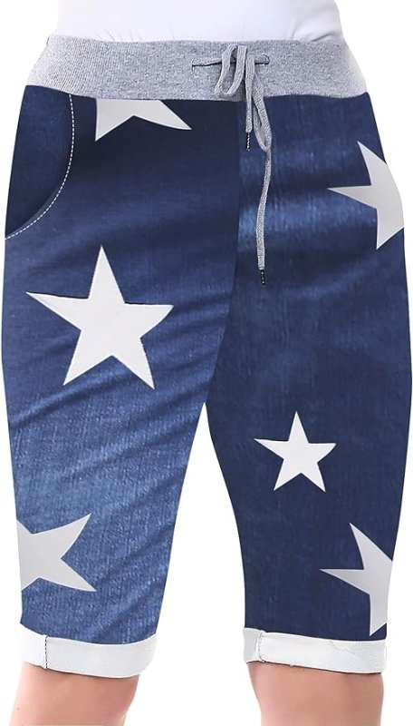 Love My Fashions® Women's Italian Shorts Ladies Summer Cotton Turn-Up 3/4 Cropped Printed Trousers Elasticated Drawstring Knee-Length Denim Magic Shorts - British D'sire