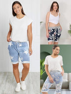 Love My Fashions® Women's Italian Shorts Ladies Summer Cotton Turn-Up 3/4 Cropped Printed Trousers Elasticated Drawstring Knee-Length Denim Magic Shorts - British D'sire