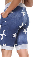 Love My Fashions® Women's Italian Shorts Ladies Summer Cotton Turn-Up 3/4 Cropped Printed Trousers Elasticated Drawstring Knee-Length Denim Magic Shorts - British D'sire
