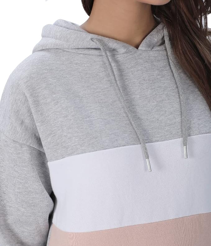 M17 Women's Striped Colour Block Hoodie Soft Cosy Casual Hooded Sweatshirt Top Long Sleeve Jacket Pullover (XL, Grey) - British D'sire