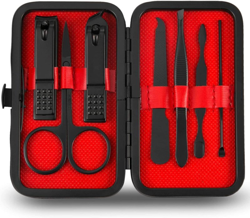 Manicure Pedicure Set Nail Clippers Kit 7 Pcs Stainless Steel Hygiene Kit Portable Nail Trimming Set and Grooming Tools with Fine Leather Case [Gift Box] (Black) - Skin Care Kits & Combos - British D'sire
