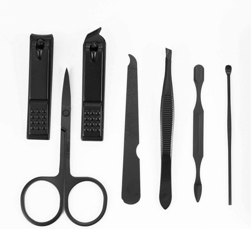 Manicure Pedicure Set Nail Clippers Kit 7 Pcs Stainless Steel Hygiene Kit Portable Nail Trimming Set and Grooming Tools with Fine Leather Case [Gift Box] (Black) - Skin Care Kits & Combos - British D'sire