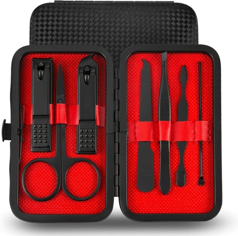 Manicure Pedicure Set Nail Clippers Kit 7 Pcs Stainless Steel Hygiene Kit Portable Nail Trimming Set and Grooming Tools with Fine Leather Case [Gift Box] (Black) - Skin Care Kits & Combos - British D'sire