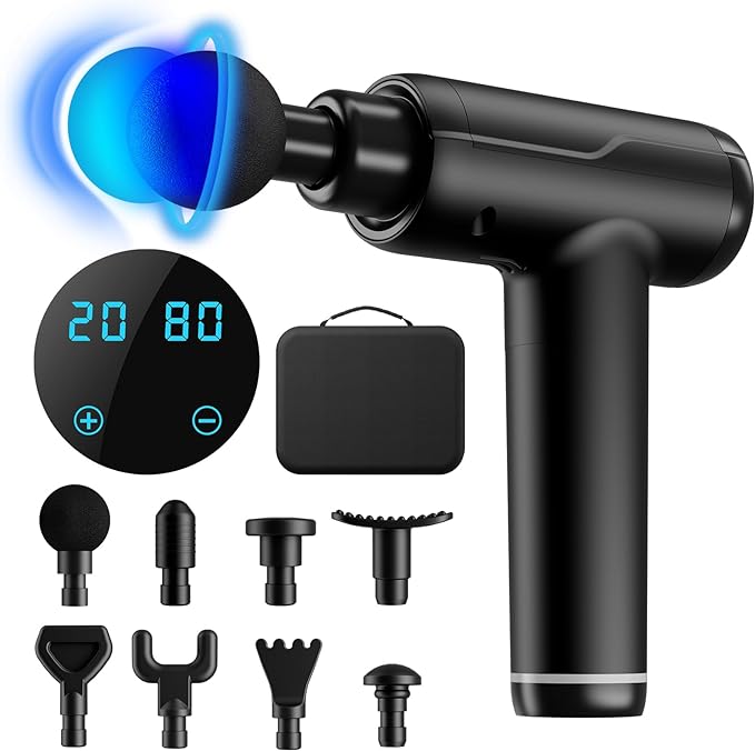 Massage Gun, Portable Muscle Massage Device with 8 Massage Heads, 2023 Deep Tissue Massager 20 Speeds with LCD Touch Screen, Featuring Quiet Glide Technology, Powerful Cordless Percussion - British D'sire Main image