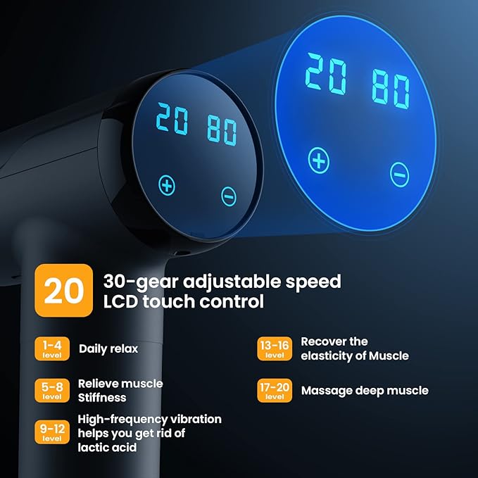 Massage Gun, Portable Muscle Massage Device with 8 Massage Heads, 2023 Deep Tissue Massager 20 Speeds with LCD Touch Screen, Featuring Quiet Glide Technology, Powerful Cordless Percussion Secondary image