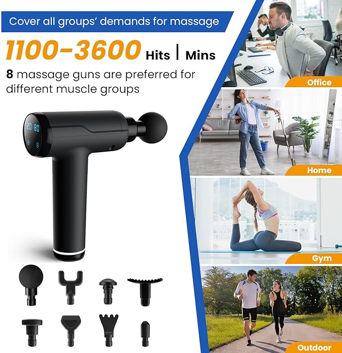 Massage Gun, Portable Muscle Massage Device with 8 Massage Heads, 2023 Deep Tissue Massager 20 Speeds with LCD Touch Screen, Featuring Quiet Glide Technology, Powerful Cordless Percussion - British D'sire