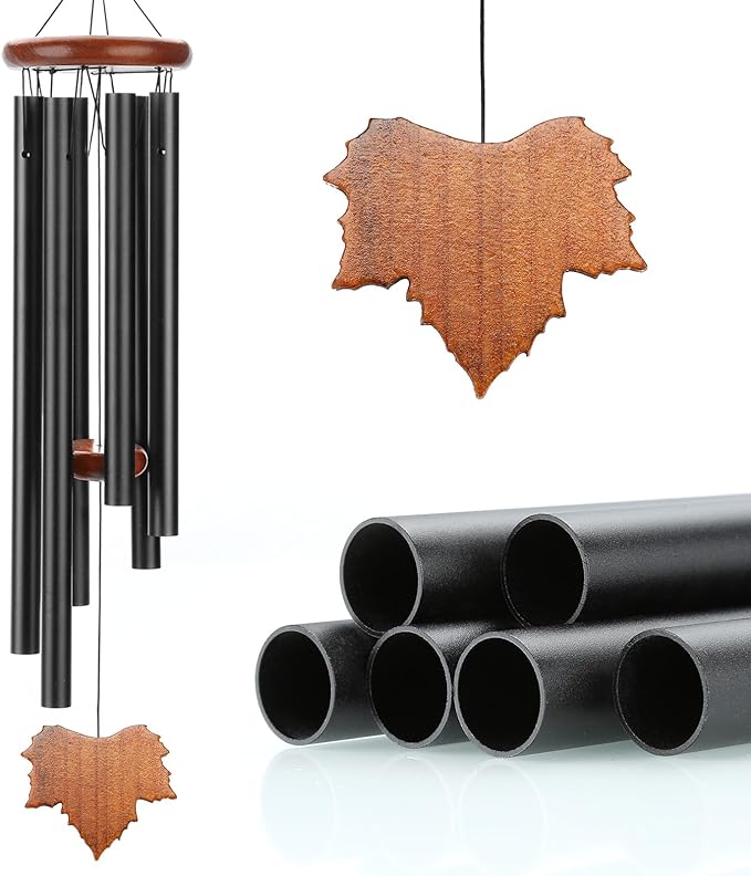 Metal Wind Chime, 28 Inches 6 Tubes Wind Chimes with Vintage Wooden Leaf Pendant, Hanging Decor for Garden Patio Home Outdoors Indoors Decoration Birthday Gift Party Housewarming gifts for new home - British D'sire Main image