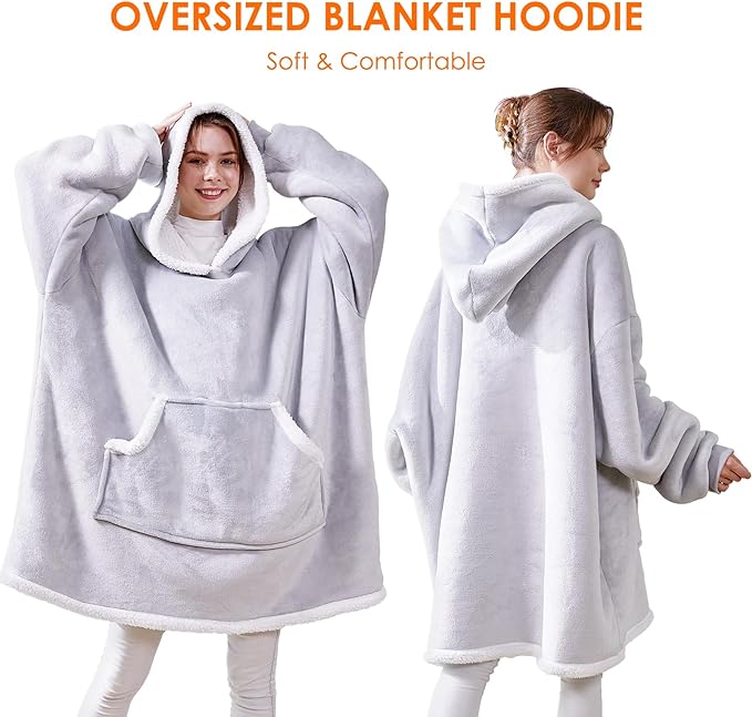 Mia&Coco Hoodie Blanket Women and Men, Oversized Hooded Blanket Hoodie with Pocket, 260GSM Sherpa Fleece Wearable Blanket Hoodie, OEKO-TEX Standards Cosy Hooded Blankets, Grey - British D'sire