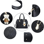 MORGLOVE Women PU Leather Handbag Top Handle Bag Messenger Bag Shoulder Bag Tote Bag Card Purse Black （4 Pcs Set） - British D'sire