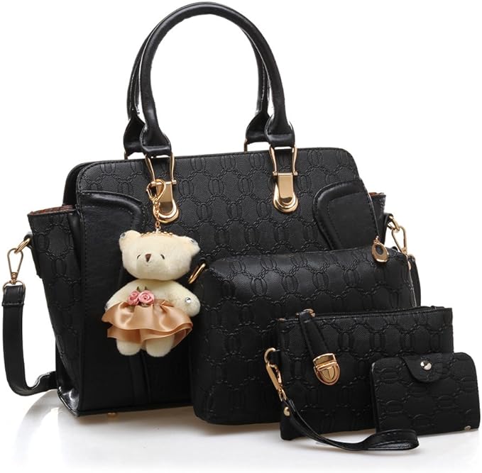 MORGLOVE Women PU Leather Handbag Top Handle Bag Messenger Bag Shoulder Bag Tote Bag Card Purse Black （4 Pcs Set） - British D'sire Main image