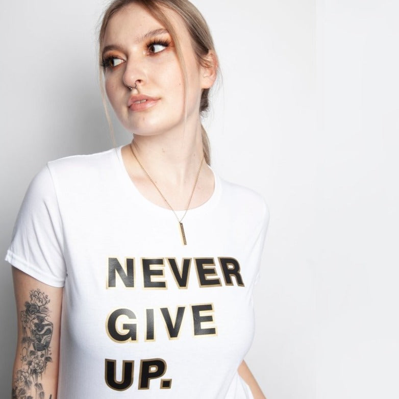 Motivational Queen Never Give Up T-shirt – White - Womens T-Shirts & Shirts - British D'sire