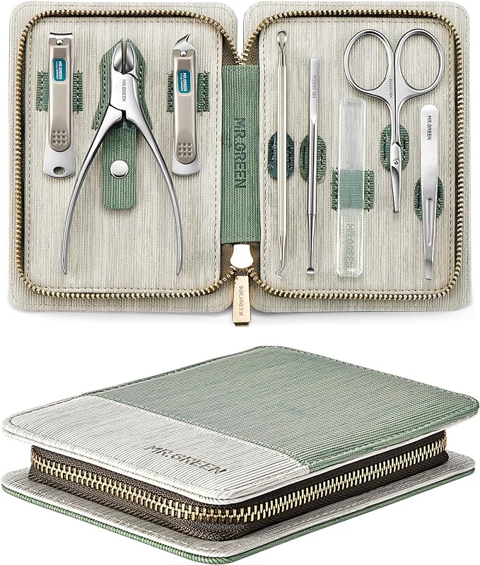 MR.GREEN Manicure Set 8 in 1,Professional Pedicure kit,Stainless Steel Manicure Kit,Portable Travel Grooming Kit Nail Care Tools,Nail Clippers Pedicure Tools, Green 8 Pcs - British D'sire Main image