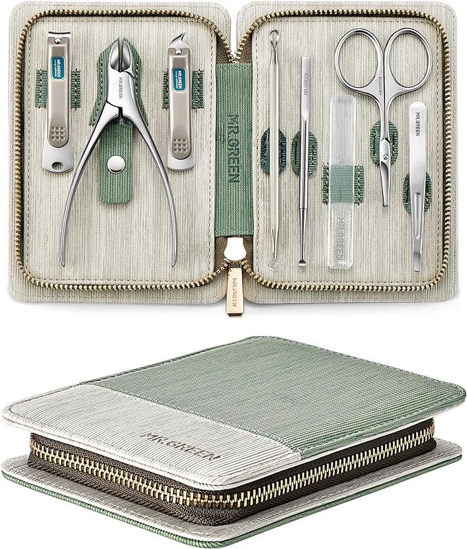 MR.GREEN Manicure Set 8 in 1,Professional Pedicure kit,Stainless Steel Manicure Kit,Portable Travel Grooming Kit Nail Care Tools,Nail Clippers Pedicure Tools, Green 8 Pcs - British D'sire