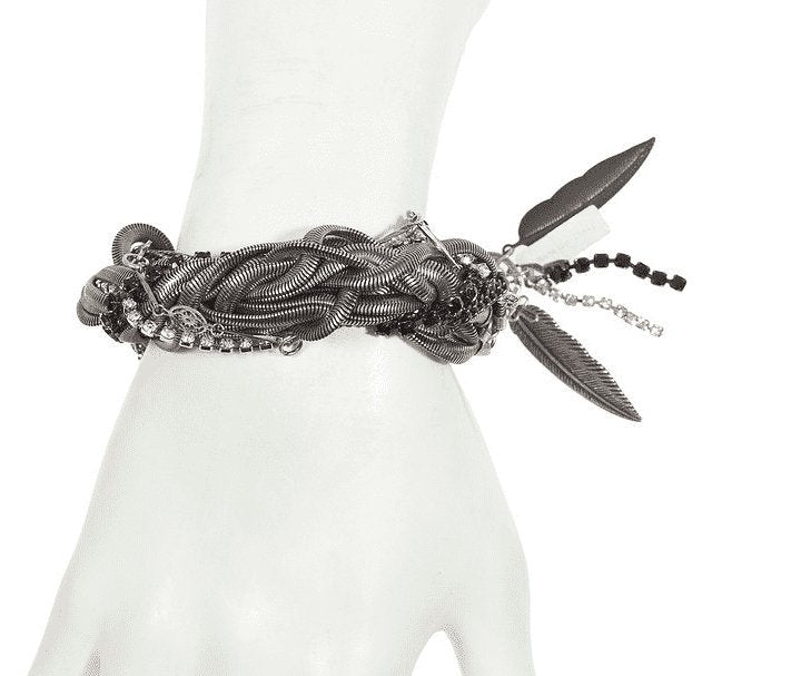 Multi chain bracelet made with silver and black ematite crystals, silver plated brass, little cross charms and metal feather pendants. - Necklaces - British D'sire