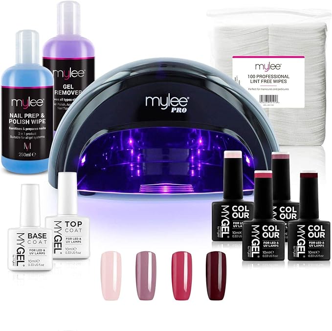 Mylee Complete Professional Gel Nail Polish LED Lamp Kit, 4x MYGEL Colours, Top & Base Coat, Mylee PRO Salon Series Convex Curing® LED Lamp, Prep & Wipe, Gel Remover (Black Lamp) - British D'sire
