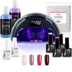 Mylee Complete Professional Gel Nail Polish LED Lamp Kit, 4x MYGEL Colours, Top & Base Coat, Mylee PRO Salon Series Convex Curing® LED Lamp, Prep & Wipe, Gel Remover (Black Lamp) - British D'sire