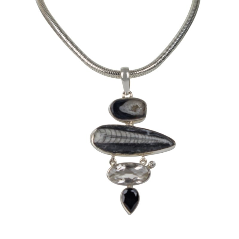 Natural Orthocerase fossils Pendant Accent with a Black Agate, Black Spinal and Natural Crystal - Necklaces & Pendants - British D'sire