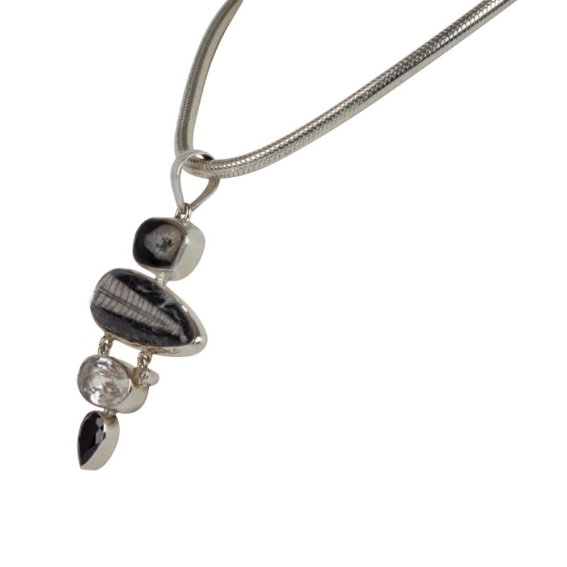 Natural Orthocerase fossils Pendant Accent with a Black Agate, Black Spinal and Natural Crystal Secondary image