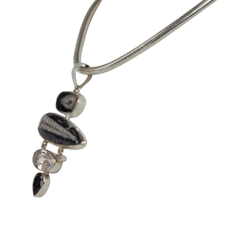 Natural Orthocerase fossils Pendant Accent with a Black Agate, Black Spinal and Natural Crystal - Necklaces & Pendants - British D'sire