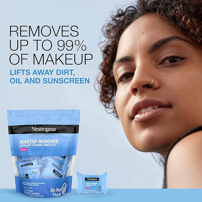 Neutrogena Makeup Remover Cleansing Towelette Singles, Daily Face Wipes To Remove Dirt, Oil, Makeup & Waterproof Mascara, Individually Wrapped, 20 Count - British D'sire