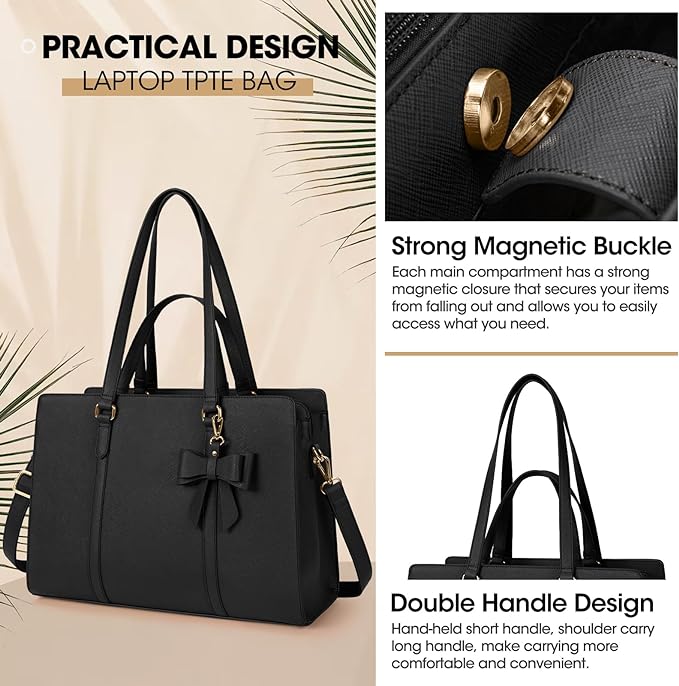 NEWHEY Laptop Tote Bags for Women 15.6 Inch Ladies Leather Laptop Handbags Designer Office Shoulder Bag Womens for Work School Business Shopping Black Secondary image