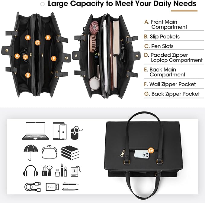 NEWHEY Laptop Tote Bags for Women 15.6 Inch Ladies Leather Laptop Handbags Designer Office Shoulder Bag Womens for Work School Business Shopping Black British D sire
