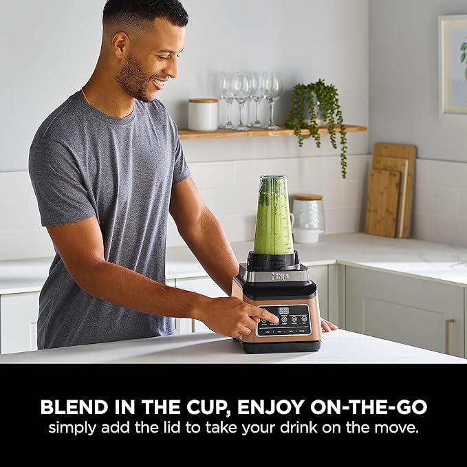 Ninja 3-in-1 Food Processor & Blender, Coffee & Spice Grinder, 5 Auto Programs; Blend, Max, Chop, Puree, Mix, 1.8L Bowl, 2.1L Jug, 700ml Cup, 1200W, Apron, Dishwasher Safe, Copper/Black BN800UKDBCP - British D'sire