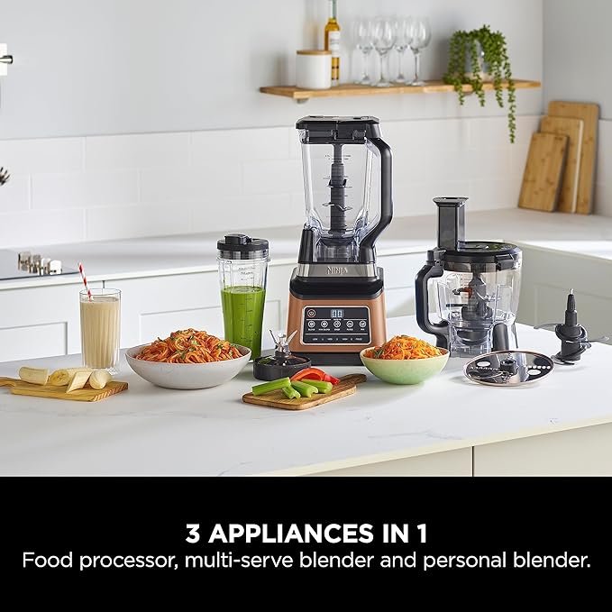Ninja 3-in-1 Food Processor & Blender, Coffee & Spice Grinder, 5 Auto Programs; Blend, Max, Chop, Puree, Mix, 1.8L Bowl, 2.1L Jug, 700ml Cup, 1200W, Apron, Dishwasher Safe, Copper/Black BN800UKDBCP - British D'sire