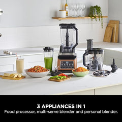 Ninja 3-in-1 Food Processor & Blender, Coffee & Spice Grinder, 5 Auto Programs; Blend, Max, Chop, Puree, Mix, 1.8L Bowl, 2.1L Jug, 700ml Cup, 1200W, Apron, Dishwasher Safe, Copper/Black BN800UKDBCP - British D'sire