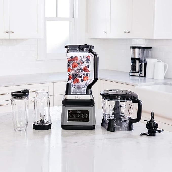 Ninja 3-in-1 Food Processor & Blender, Coffee & Spice Grinder, 5 Auto Programs; Blend, Max, Chop, Puree, Mix, 1.8L Bowl, 2.1L Jug, 700ml Cup, 1200W, Apron, Dishwasher Safe, Copper/Black BN800UKDBCP - British D'sire