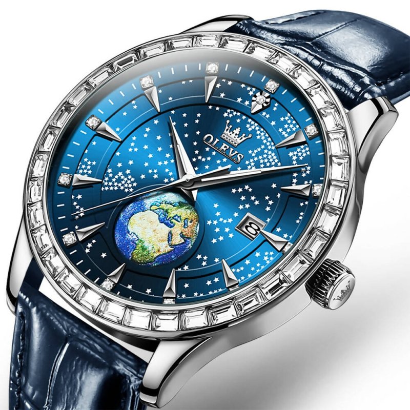 OLEVS 9967 Men Starry Sky Face Diamond Bezel Quartz Watch Blue Leather Strap Secondary image