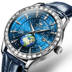 OLEVS 9967 Men Starry Sky Face Diamond Bezel Quartz Watch Blue Leather Strap - Watches - British D'sire