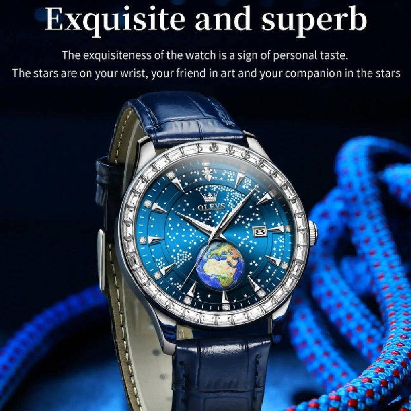 OLEVS 9967 Men Starry Sky Face Diamond Bezel Quartz Watch Blue Leather Strap - Watches - British D'sire
