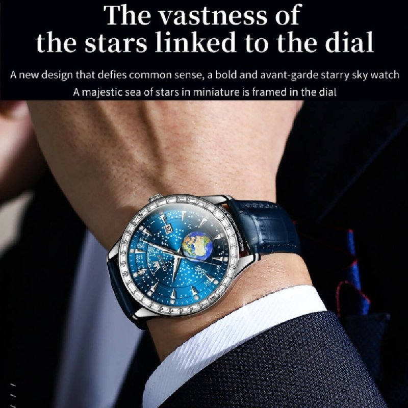 OLEVS 9967 Men Starry Sky Face Diamond Bezel Quartz Watch Blue Leather Strap - Watches - British D'sire