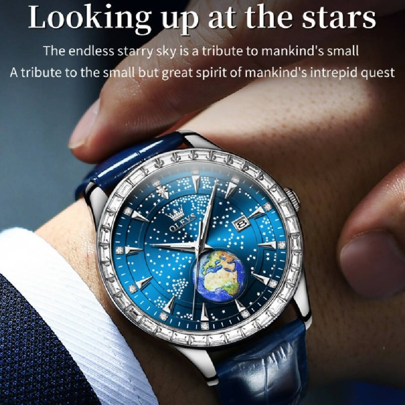 OLEVS 9967 Men Starry Sky Face Diamond Bezel Quartz Watch Blue Leather Strap - Watches - British D'sire