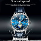 OLEVS 9967 Men Starry Sky Face Diamond Bezel Quartz Watch Blue Leather Strap - Watches - British D'sire