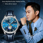 OLEVS 9967 Men Starry Sky Face Diamond Bezel Quartz Watch Blue Leather Strap - Watches - British D'sire
