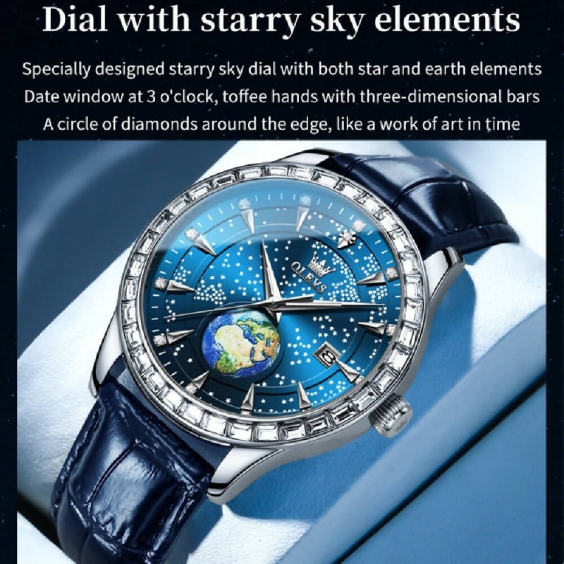 OLEVS 9967 Men Starry Sky Face Diamond Bezel Quartz Watch Blue Leather Strap - Watches - British D'sire