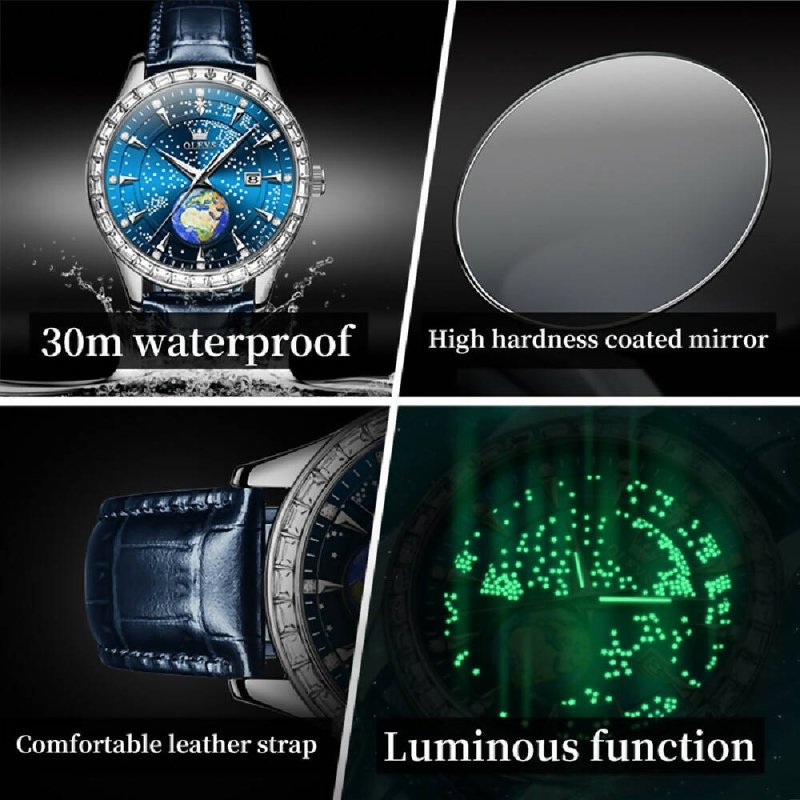 OLEVS 9967 Men Starry Sky Face Diamond Bezel Quartz Watch Blue Leather Strap - Watches - British D'sire