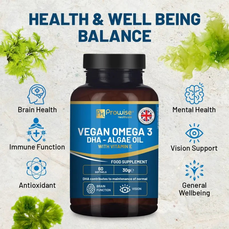 Prowise Vegan Omega-3 DHA from Algae Oil | 60 Softgels with Vitamin E | 400mg DHA + 10mg Vitamin E | 100% Plant-Based | Supports Brain, Eye, and Joint Health | Pure & Sustainable Sourced - British D'sire