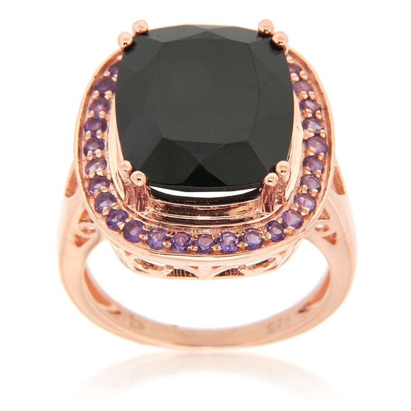 Ladies Cushion-Cut Black Spinel & Rose de France Amethyst Halo Ring – 12x14mm Center, Lemon Quartz – 14K Rose Gold-Plated & Rhodium Sterling Silver – Hypoallergenic | Pearlz Gallery Secondary image