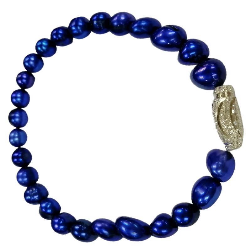 Pearlz Gallery Royal Blue Pearl Bracelet 7.5-8 inch Natural Freshwater Beads Women Sterling Silver Carving Drum Shape Elegant Adjustable Fit Secondary image