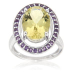 Pearlz Gallery Lemon Quartz and Amethyst Halo Sterling Silver Ring - Rings - British D'sire