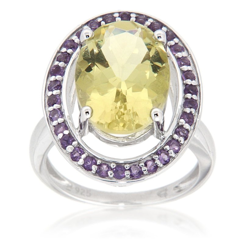 Pearlz Gallery Lemon Quartz and Amethyst Halo Sterling Silver Ring - Rings - British D'sire