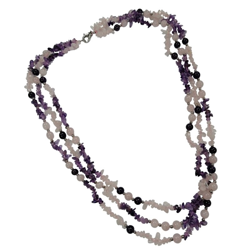 Pearlz Gallery Plain Round Rose Quartz & Amethyst 3 Lines Necklace - Necklaces & Pendants - British D'sire