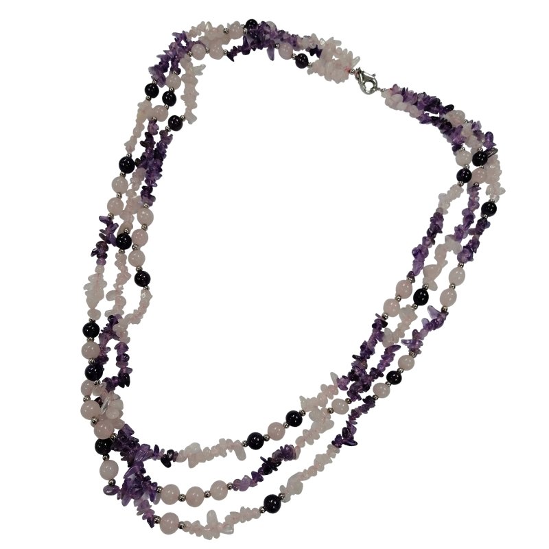 Pearlz Gallery Plain Round Rose Quartz & Amethyst 3 Lines Necklace - Necklaces & Pendants - British D'sire
