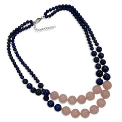 Pearlz Gallery Round Bead Dyed Lapis & Rose Quartz 2 Lines Graduation Necklace - Necklaces & Pendants - British D'sire